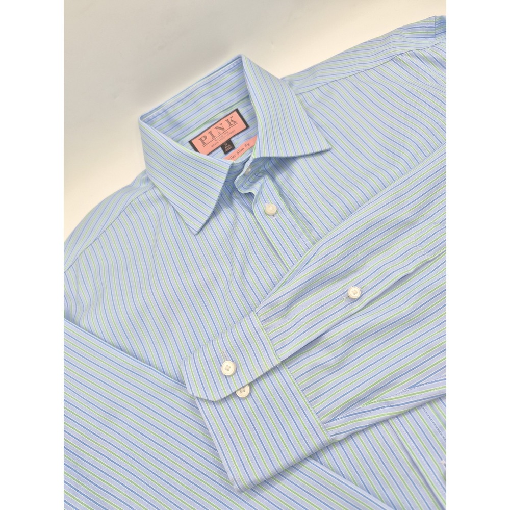Thomas Pink Mens Traveler Slim Fit Dress Shirt 16x36 Blue Green Stripe L/S